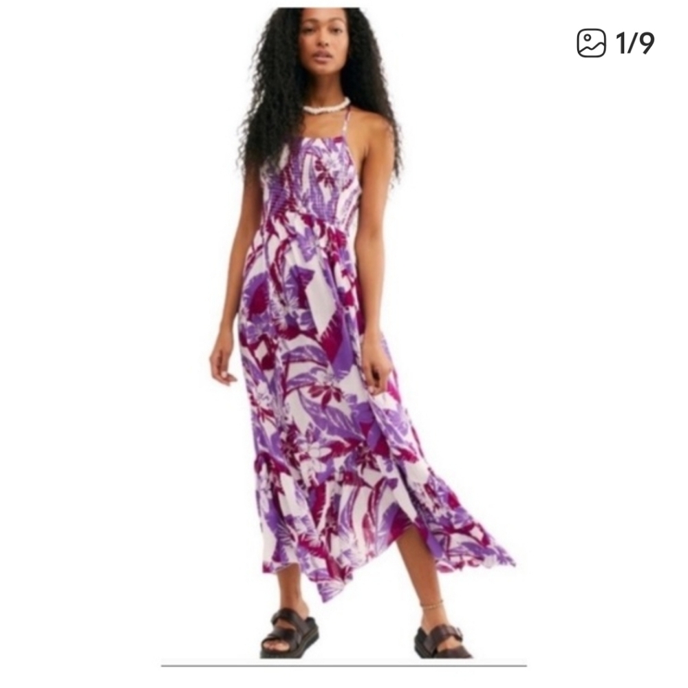 Celestial Coquette Whimsical Flowy Free People‎ Maxi Dress Purple Tropical Sz L